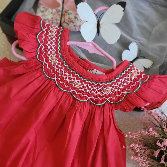 Red Bishop Angel Sleeves Baby Girl Dress. Girls Smocked Bishop Birthday Dress - Picture 2 of 9